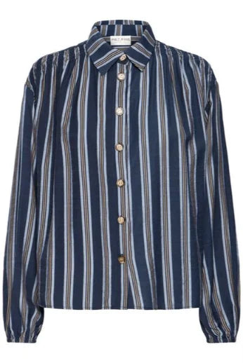 Pulz Vivian Shirt In Blue Brown Stripe