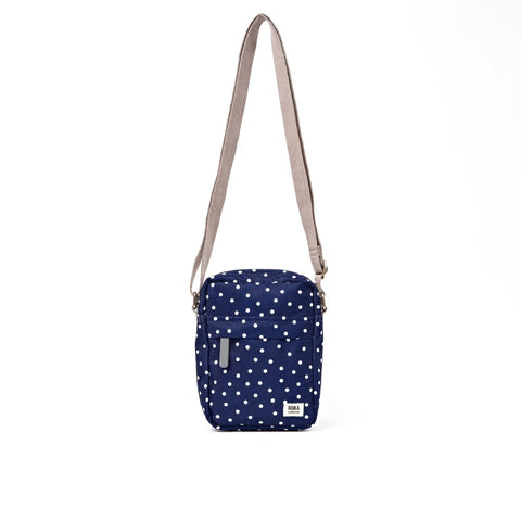 Roka London Bond Crossbody In Navy Polka Dot Canvas