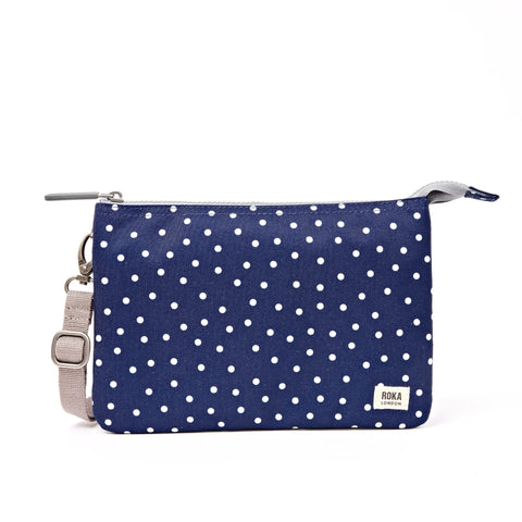 Roka London Carnaby Crossbody In Navy Polka Dot Canvas