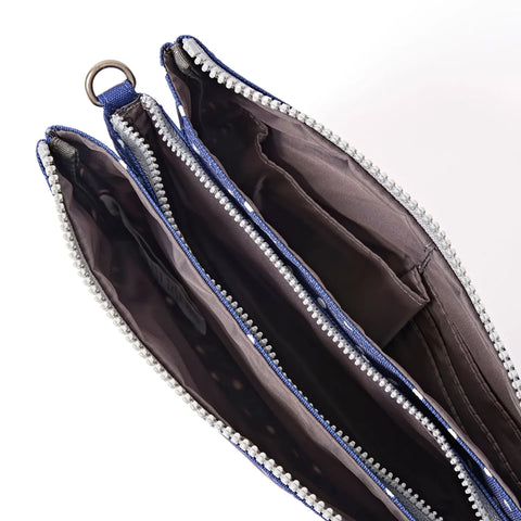 Roka London Carnaby Crossbody In Navy Polka Dot Canvas