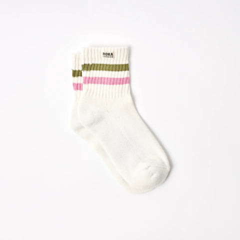 Roka London Windsor Stripe Crew Socks In Avocado/Pink