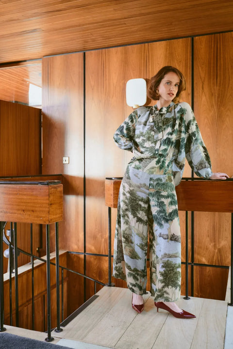 One Hundred Stars Rivers And Trees Natural Crepe Palazzo Pants