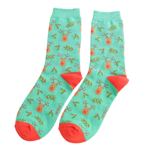 Miss Sparrow SKS531 Reindeer & Holly Socks Green