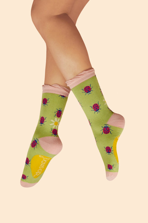 Powder SOC729 Lovely Ladybirds Ladies Ankle Socks - Fern