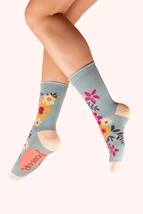 Powder SOC755 Floral Spray Ankle Socks - Ice