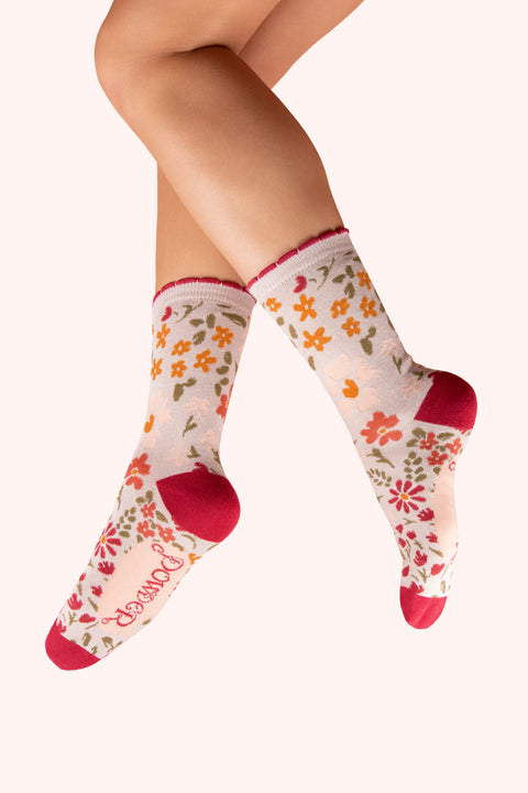 Powder SOC766 Flower Meadow Ankle Socks  - Cream