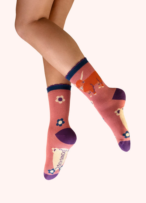 Powder SOC808 Highland Cow Ankle Socks - Pink
