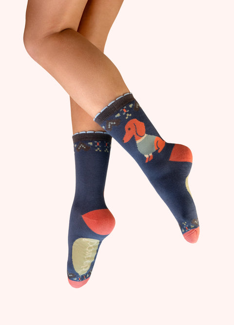 Powder SOC813 Snuggle Sausage Dogs Ankle Socks - Denim
