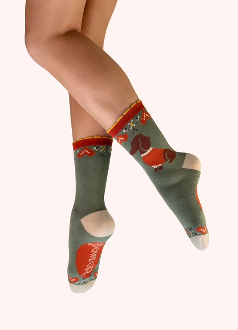 Powder SOC814 Snuggle Sausage Dogs Ankle Socks - Olive