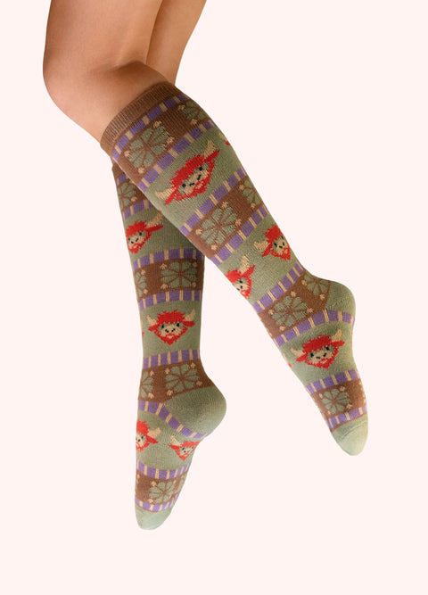 Powder SOC830 Fair Isle Highland Cow Knee High Socks