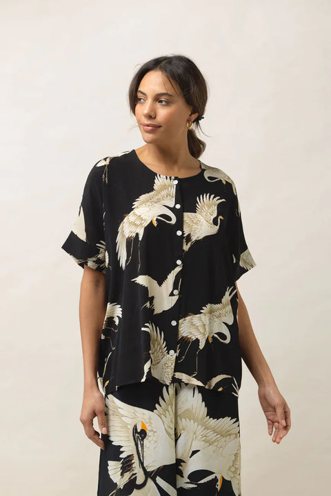 One Hundred Stars Tea Blouse Stork Black