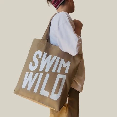The Cornish Studio Swim Wild Canvas Tote Soft Khaki/White