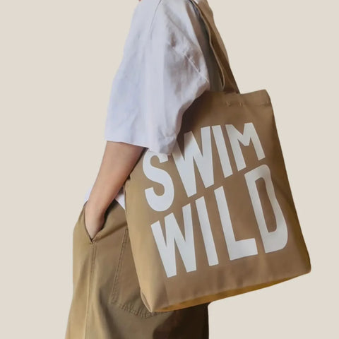 The Cornish Studio Swim Wild Canvas Tote Soft Khaki/White