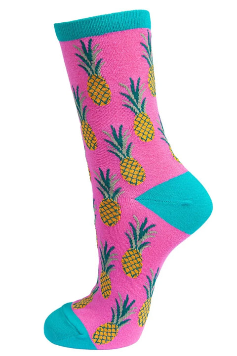 Miss Shorthair 4959HPTU - Hot Pink Turquoise Women's Pineapple Bamboo Socks