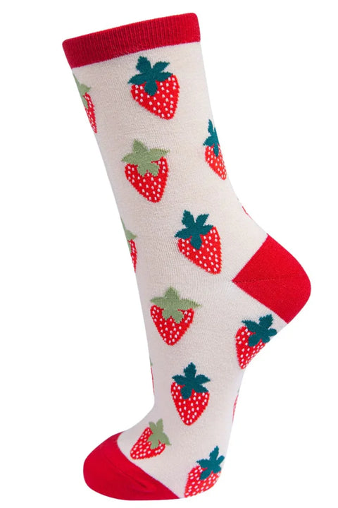 Miss Shorthair 4958CRRE - Cream Red Womens Strawberry Bamboo Socks