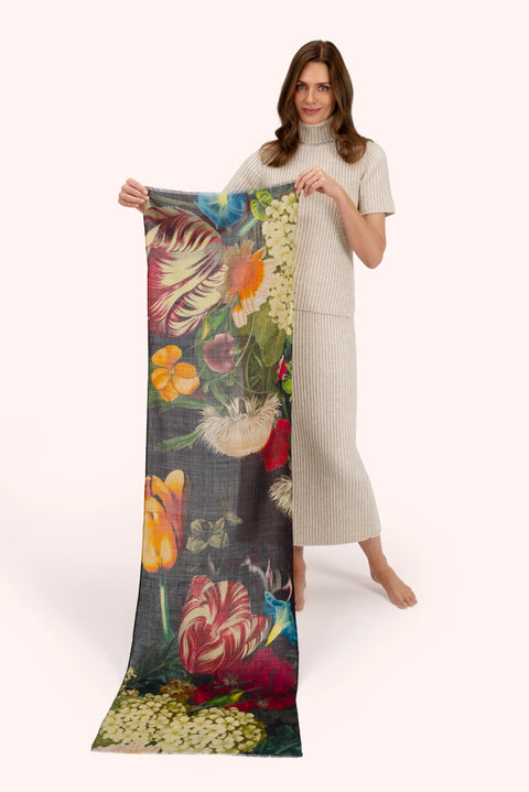 Powder WWS6 Opulant florals in ChocolateWool Wrap Scarf