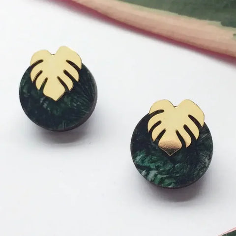 MicaPeet Green & Gold Monstera Stud Earrings - Cheese Plant EarringsÂ