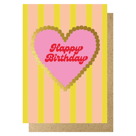 Lucky Ink HGD 014 Happy Birthday peach & yellow stripe gold heart card