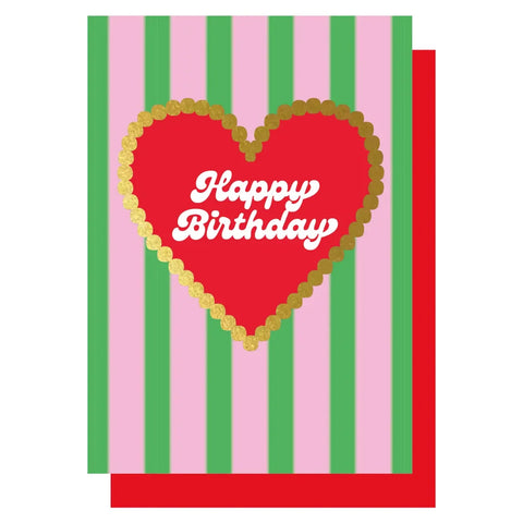 Lucky Ink HGD 15 Happy Birthday Green & Pink Stripe Gold Heart Card