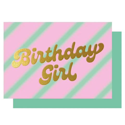 Lucky Ink HL 008 Birthday Girl pink & mint stripe hot foiled card