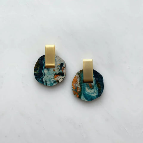 MicaPeet Irregular Marble Circle Stud Earrings Teal/Orange