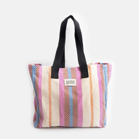 Caroline Gardner Gifts LBK101 Check Stripe Printed Canvas Large Tote Bag