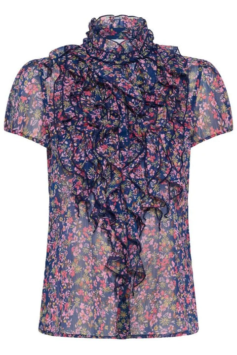 Saint Tropez Lilja Crinkle SS Shirt In Navy Peony Blooms