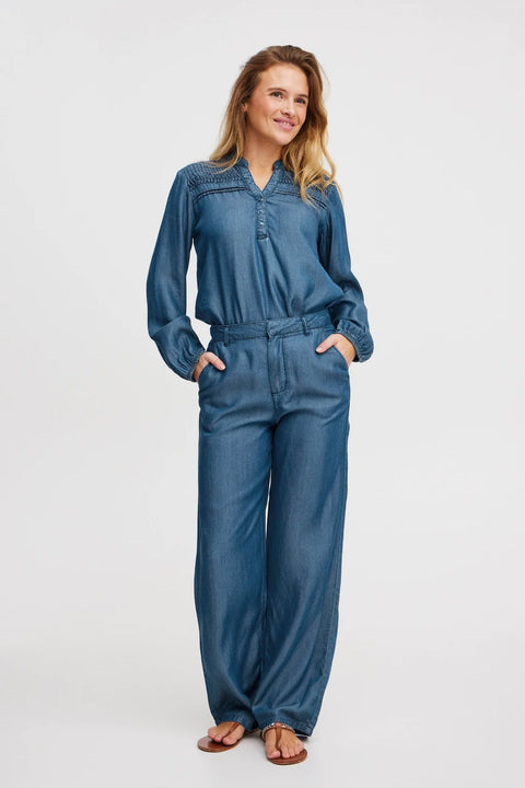 Pulz Gaja Hw Pants Wide Leg In Medium Blue Denim