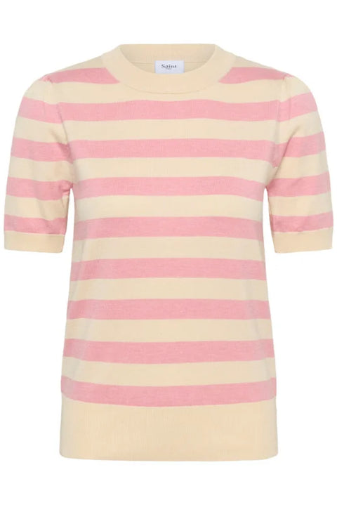 Saint Tropez Mila SS Block Stripe Pullover In Cameo Pink Birch Block Stripe