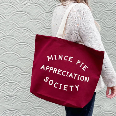 Alphabet Bags Mince Pie Appreciation Society - Burgundy Canvas Tote Bag