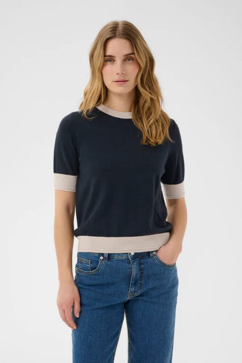 Part Two Natanya PU Knit Pullover In Navy/Natural
