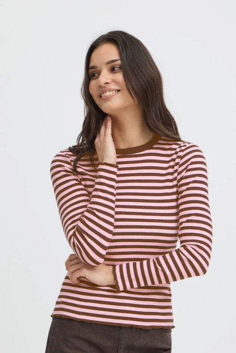 B Young Sinne Rib Tshirt In Java / Pink Stripe