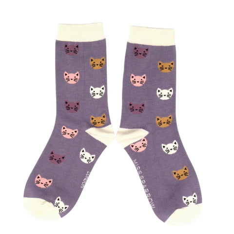 Miss Sparrow SKS241 Kitty Faces Socks Lavender