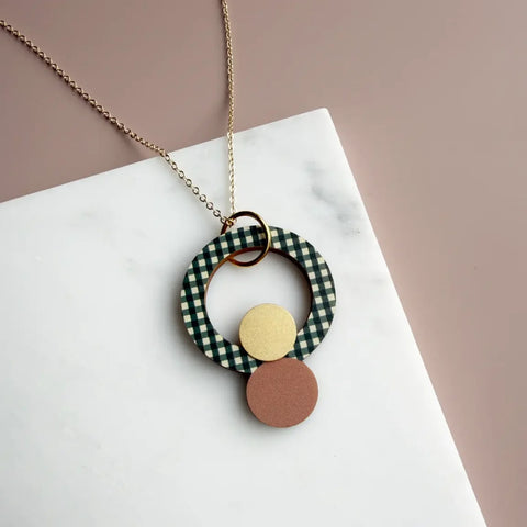 MicaPeet Statement Gingham Double Circle Necklace Olive & Pink