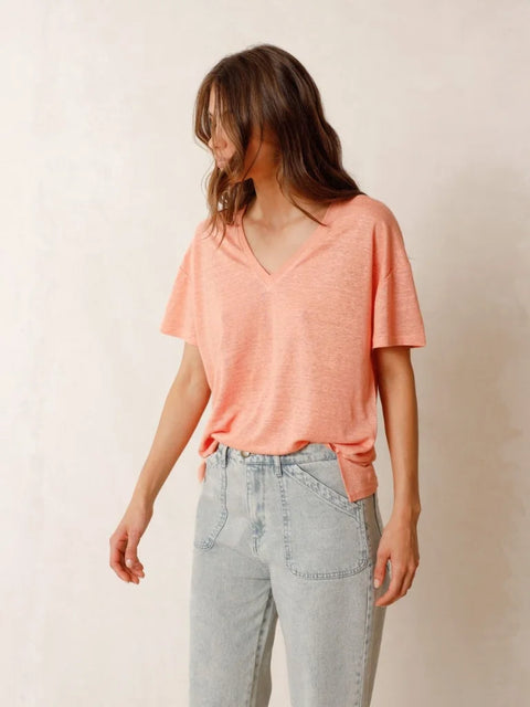 Indi & Cold RS336 Linen Mix V Neck Tee In Peach