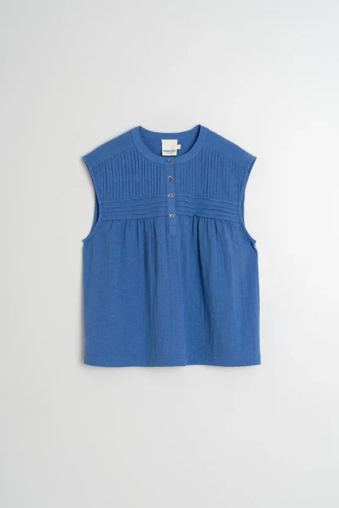 Indi & Cold SK270 Gauze Pleated Blouse In Klein Blue