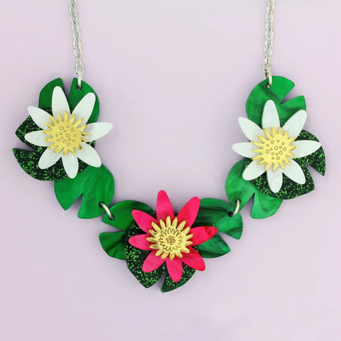 Little Moose Waterlily Trio Necklace Green-Pink-White-Gold