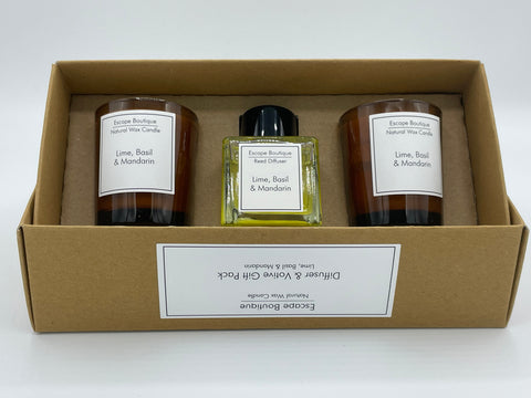 Lime Basil & Mandarin Gift Pack 50ml Reed Diffuser/2 x 9cl Candles