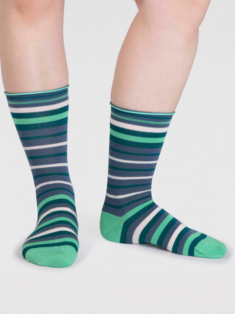 Thought Spw835 Lucia Bamboo Stripe Socks In Misty Blue